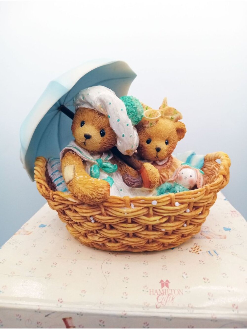 Cherished Teddies Beth and Blossom Bears with Umbrella Figurine 1991 Hamilton